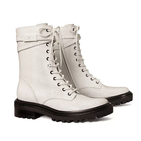 NWOB Tory Burch Women's T-Hardware Lace Up Combat Boots in White Crackle Size 8 - Picture 1 of 9
